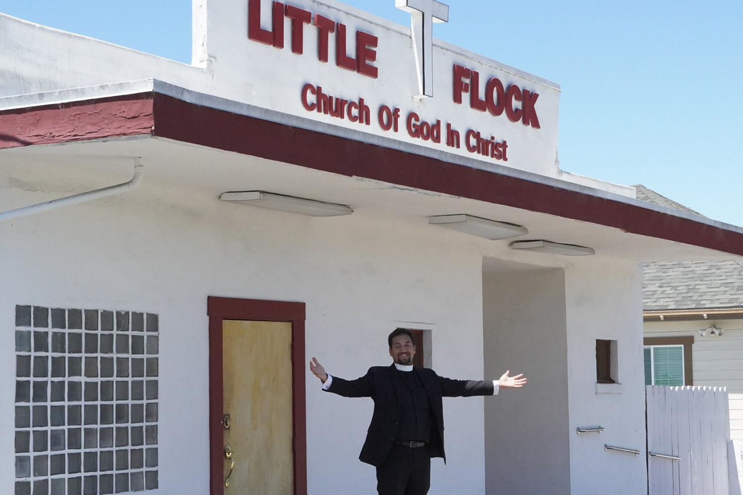 Pastor Justin Genevro in front of Little Flock